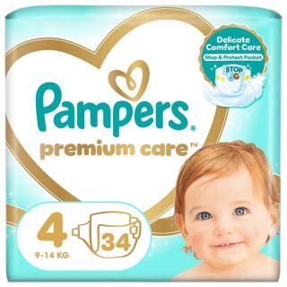 PAMPERS Premium Care, scutece, 9-14 kg, marime 4, Value Pack Minus, 34 buc
