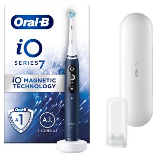 ORAL-B  iO7, periuta de dinti electrica, cu Tehnologie Magnetica si Micro-Vibratii, Senzor de presiune Smart, Timer vizibil, 5 moduri, 1 capat, Suport rezerve, Incarcator magnetic, Trusa de calatorie, Albastru