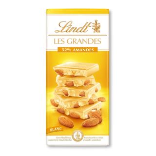 LINDT Les Grandes, tableta de ciocolata, alba cu aroma de migdale, 150 g