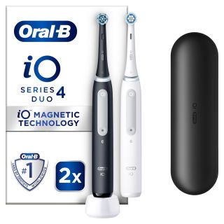 Set ORAL-B iO4, 2 x periuta de dinti electrica, cu Tehnologie Magnetica si Micro-Vibratii, Senzor de presiune Smart, 4 moduri,  1 capat, Trusa de calatorie, Alb/Negru