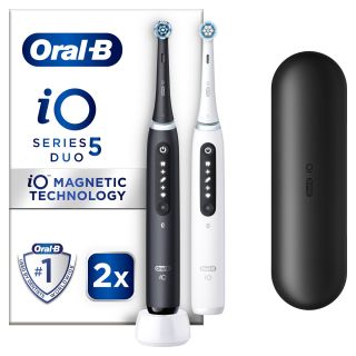Set ORAL-B iO5, 2 x periuta de dinti electrica, cu Tehnologie Magnetica si Micro-Vibratii, Senzor de presiune Smart, 5 moduri, 2 capete, 1 incarcator, Alb/Negru