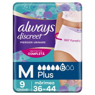ALWAYS DISCREET, lenjerie incontinenta urinara, M, 9 buc