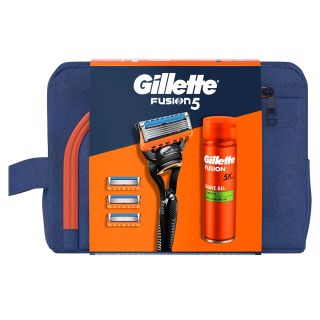 Set cadou GILLETTE Fusion Sensitive, aparat de ras cu 4 rezerve + gel de ras 200 ml + trusa de voiaj