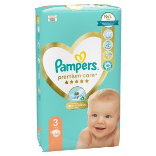 PAMPERS Premium Care, scutece, 5-9 kg, marime 3, Value Pack, 60 buc