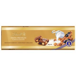 LINDT Gold, tableta de ciocolata, cu lapte, stafide si alune de padure, 300 g