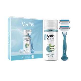 Set cadou GILLETTE Venus Smooth, aparat de ras pentru femei + 1 lama de rezerva + gel de ras Satin Care Sensitive Aloe Vera Glide, 75 ml
