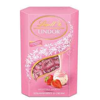 LINDT Lindor, bomboane de ciocolata, alba cu capsuni, 200 g
