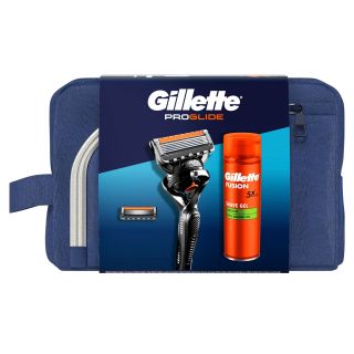 Set cadou GILLETTE Fusion Proglide, aparat de ras cu 1 rezerva + gel de ras Fusion Sensitive 200 ml + trusa de voiaj