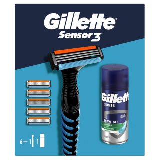 Set cadou GILLETTE Sensor 3, aparat de ras + 5 rezerve + Gel de ras Sensitive 75 ml