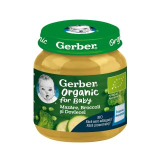 GERBER Bio, piure, mazare, broccoli si dovlecel, 125 g