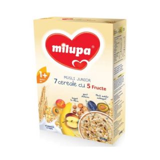 MILUPA Musli Junior 7, cereale, fara lapte, cu 5 fructe, 250 g