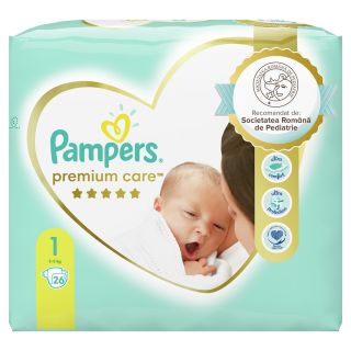 PAMPERS Premium Care, scutece, 2-5 kg, marime 1, Small Pack, 26 buc