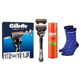 Set cadou GILLETTE ProGlide, aparat de ras cu maner FlexBall + 2 rezerve + gel de ras Fusion + pereche sosete