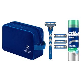 Set cadou GILLETTE Mach3 UEFA Champions League, aparat de ras + 3 rezerve + spuma de ras Sensitive aloe vera 200 ml