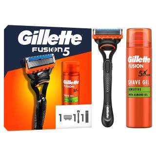 Set cadou GILLETTE Fusion5, aparat de ras Sensitive + ulei de migdale 200 ml