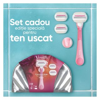 Set cadou GILLETTE Venus Comfort Glide Miami, maner + 3 rezerve + suport pentru dus + gentuta