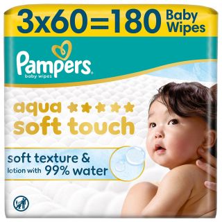PAMPERS Aqua Soft Touch, servetele umede, textura moale, 99% apa, 180 buc