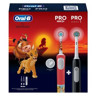 Set Cadou ORAL-B Pro Kids Lion King pentru copii, Curatare 2D, 2 programe, 1 capat, 4 autocolante + Periuta de dinti electrica Oral-B Pro 1, Curatare 3D, 1 program, 1 capat de periaj, Negru