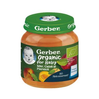 GERBER Bio, piure, mar, caisa si piersica, 125 g