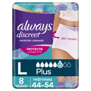 ALWAYS DISCREET, lenjerie incontinenta urinara, L, 8 buc