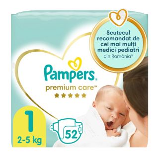 PAMPERS Premium Care, scutece, 2-5 kg, marime 1, Value Pack Minus, 50 buc