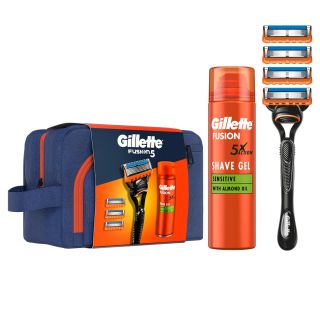 Set cadou GILLETTE Fusion: Aparat de ras, maner + 3 rezerve + Gel de ras Fusion Ultra Sensitive, 200 ml + Gentuta voiaj