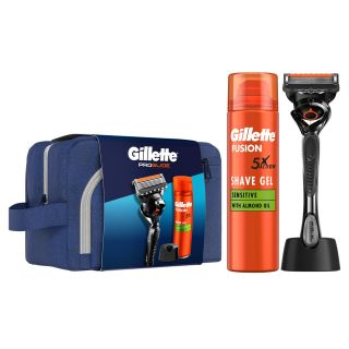 Set cadou GILLETTE Proglide: Aparat de ras + Gel de ras Fusion Ultra Sensitive, 200 ml + Suport aparat de ras + Gentuta voiaj