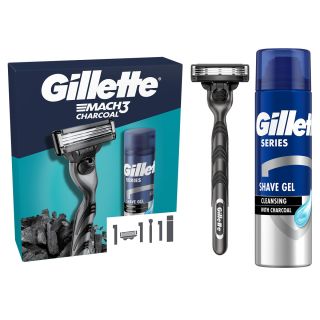 Set cadou GILLETTE Mach3: Aparat de ras + Gel de ras cu efect calmant, 75 ml + Cutie reutilizabila