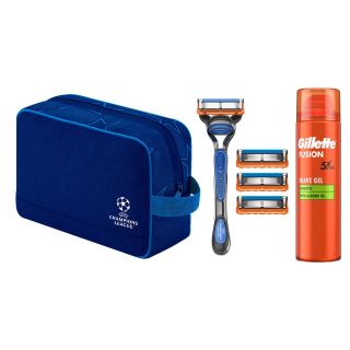 Set cadou GILLETTE Fusion5 UEFA Champions League, aparat de ras + 3 rezerve + gel de ras Sensitive cu ulei masline 200 ml