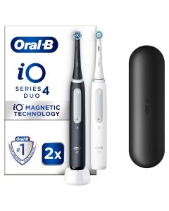 Set ORAL-B iO4, 2 x periuta de dinti electrica, cu Tehnologie Magnetica si Micro-Vibratii, Senzor de presiune Smart, 4 moduri,  1 capat, Trusa de calatorie, Alb/Negru