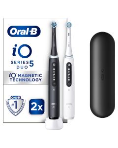 Set ORAL-B iO5, 2 x periuta de dinti electrica, cu Tehnologie Magnetica si Micro-Vibratii, Senzor de presiune Smart, 5 moduri, 2 capete, 1 incarcator, Alb/Negru