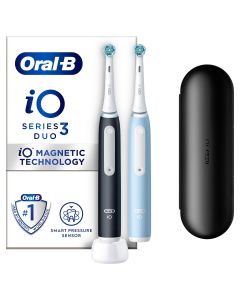 Set ORAL-B iO3, 2 x periuta de dinti electrica, cu Tehnologie Magnetica si Micro-Vibratii, Senzor de presiune Smart, 3 moduri, 2 capete, Trusa de calatoriea, Negru/Albastru
